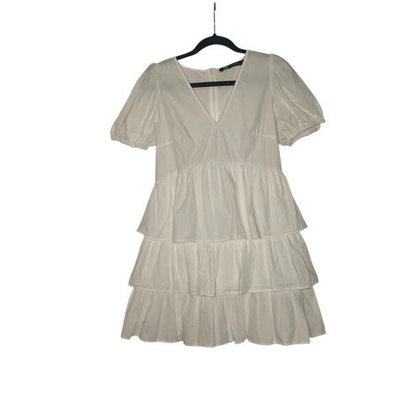 Zara Dresses & Skirts - Zara  White Tiered Babydoll Mini Dress Puff Sleeves Ruff Hem Poplin Size M